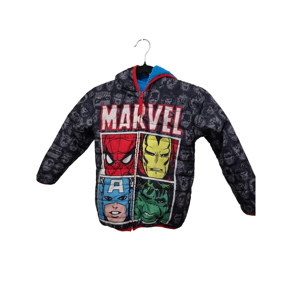 Marvel Comics Reversible Kids Puffer Jacket With Hood Superhero Print On One Sid